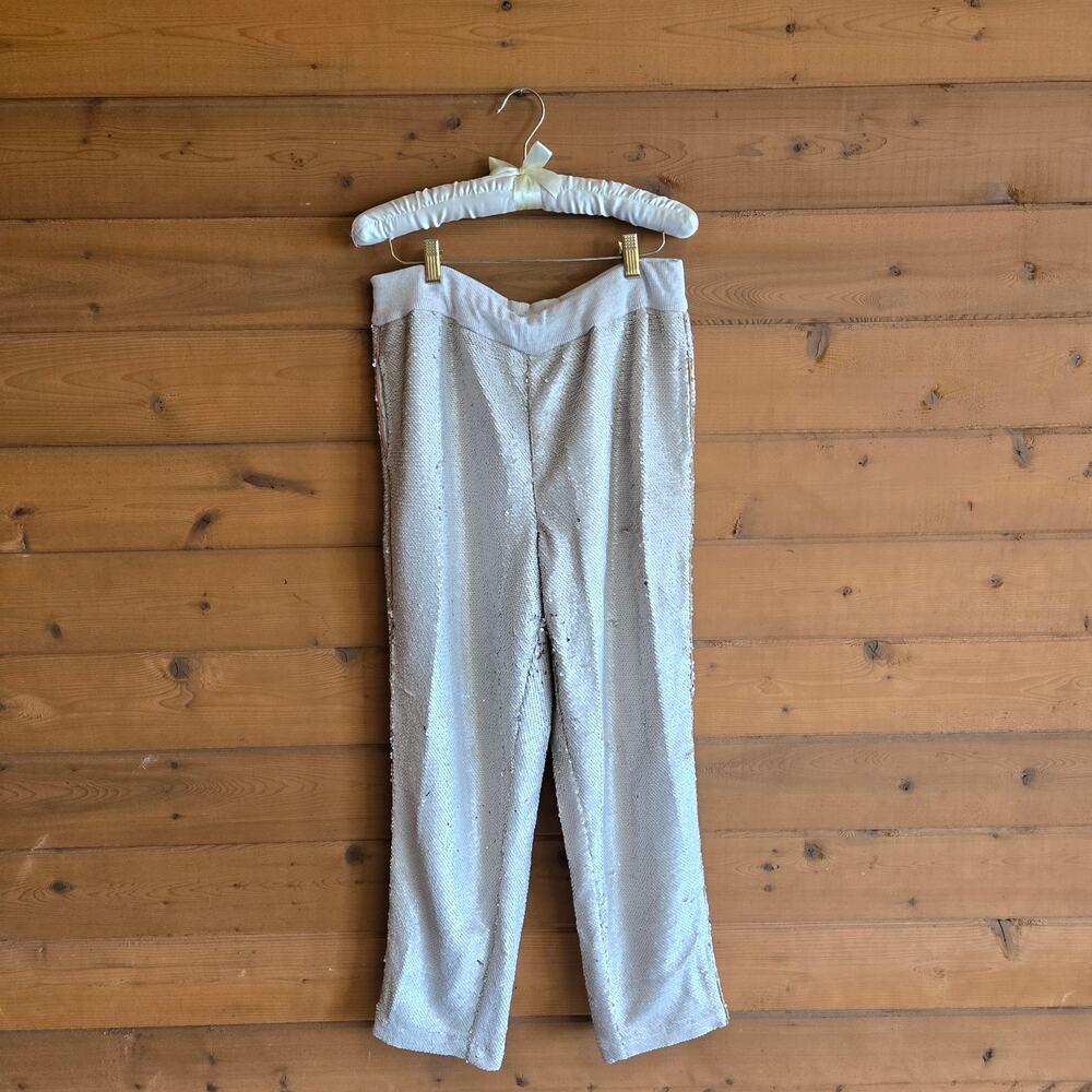 Anthropologie Sequin Pant Trouser Cream Gold Hei Hei Large Holiday NYE Pull On - Picture 2 of 7